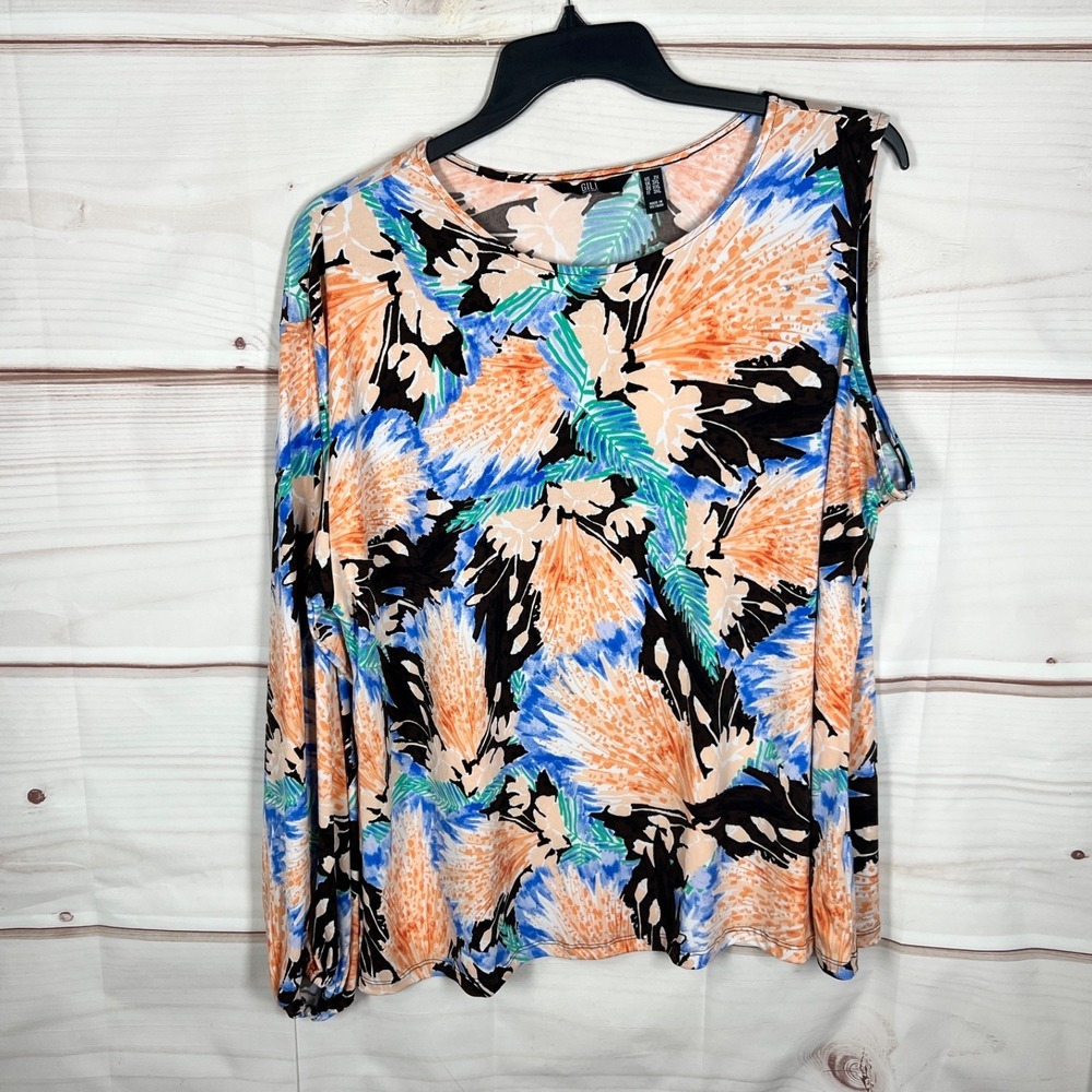 G.I.L.I. Top Womens 2X Multicolor Floral Drama Blouse One Sleeve‎ Knit Pullover